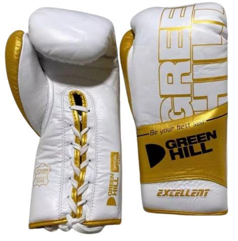 GREENHILL EXCELLENT PROFESSIONAL COMPETITION BOXING GLOVES LACE UP 8-16 oz White Gold