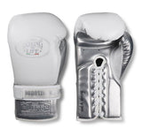 No Boxing No Life BOXHANDSCHUHE SEEK DESTROY zum Schnüren, extra dicke Mikrofaser, 8-16 oz, Weiß/Silber