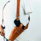 Airsoft Tactical Military Universal fitment Adjustable Shoulder Pistol Holster Dual Magazine Pouch Cowhide Leather Black / Brown