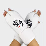 Karate Elastic Fingerless Hand Guards Kyokushin Kanji Sparring Gloves Size S-XL White