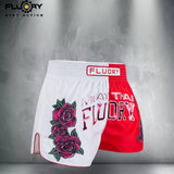 FLUORY MTSF156 MUAY THAI BOXING SHORTS XXS-XXXL UNISEX JUNIOR & ADULT WHITE RED