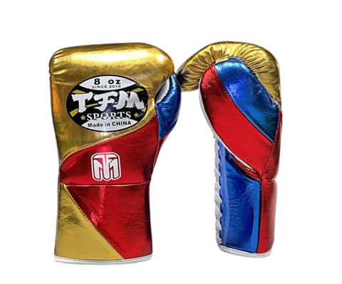 HALF PRICE TFM BGVX1 LUXURY HANDMADE PROFESSIONAL COMPETITIONS BOXING GLOVES LACES UP Cowhide Leather 8 oz Gold Red Blue