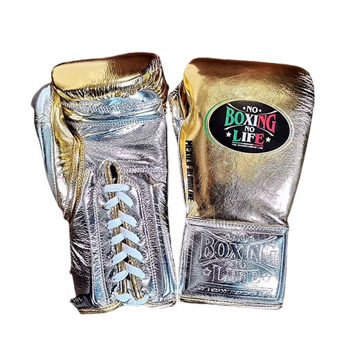 No Boxing No Life Mexico Bloodline Boxing Gloves Lace Up Cowhide Leather 10-14 oz Metallic Gold Silver