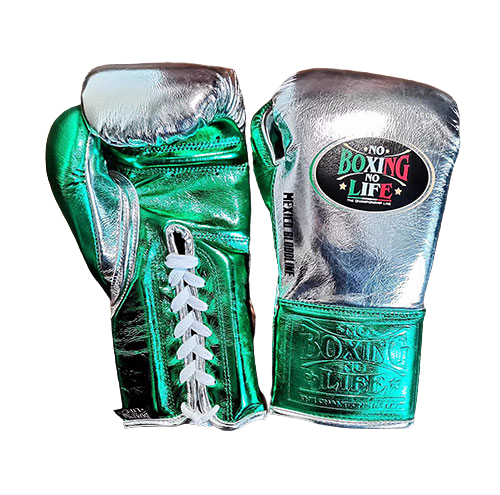 No Boxing No Life Mexico Bloodline Boxing Gloves Lace Up Cowhide Leather 10-14 oz Metallic Silver Green