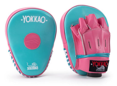 YOKKAO CURVED MUAY THAI BOXING MMA PUNCHING FOCUS MITTS PADS Leather Blue Pink