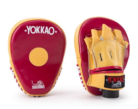 YOKKAO CURVED MUAY THAI BOXING MMA PUNCHING FOCUS MITTS PADS Leather Red Yellow