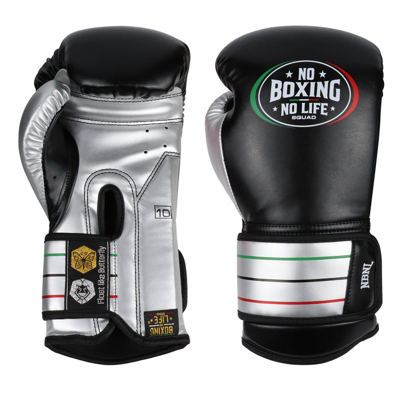 No Boxing No Life Boxing Gloves Extended Cuff Protection Microfiber 10-16 oz Black Silver