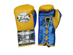 TFM RL2 FORMULATE HANDMADE PROFESSIONAL COMPETITIONS BOXING GLOVES LACES UP Cowhide Leather 8-12 oz Yellow Blue