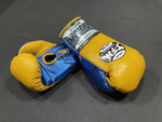 TFM RL2 FORMULATE HANDMADE PROFESSIONAL COMPETITIONS BOXING GLOVES LACES UP Cowhide Leather 8-12 oz Yellow Blue