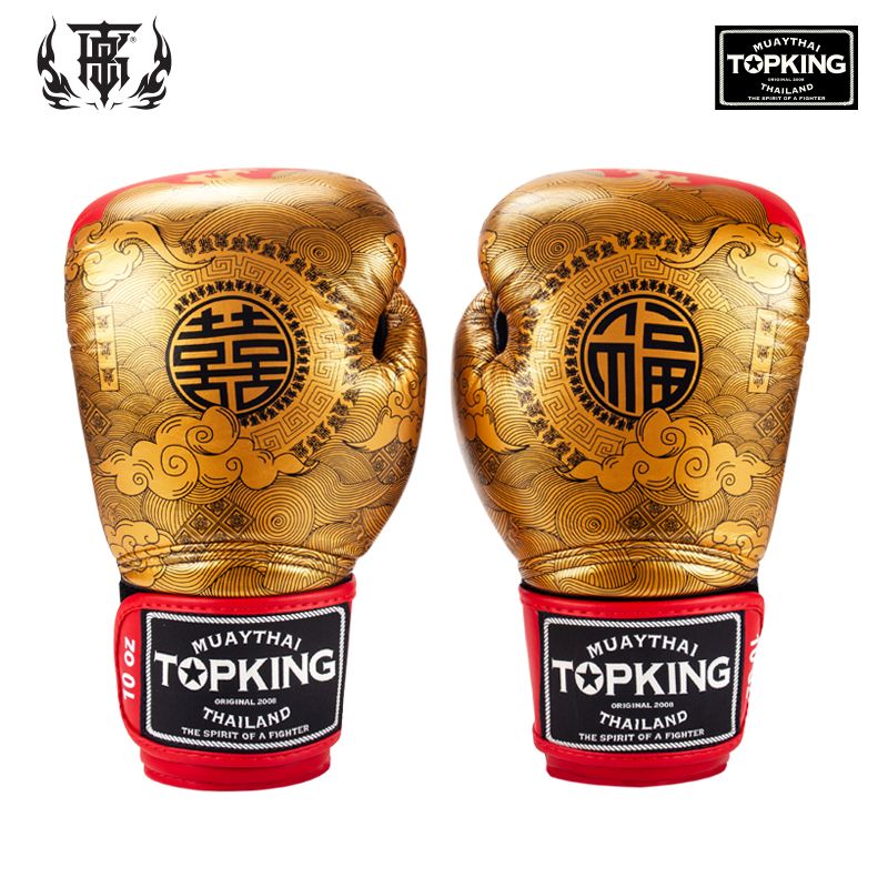 Top King TKBGCT-CN01 "FOOK" & "DOUBLE HAPPINESS" MUAY THAI BOXING GLOVES Cowhide Leather 8-14 oz Gold Red