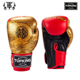 Top King TKBGCT-CN01 "FOOK" & "DOUBLE HAPPINESS" MUAY THAI BOXING GLOVES Cowhide Leather 8-14 oz Gold Red
