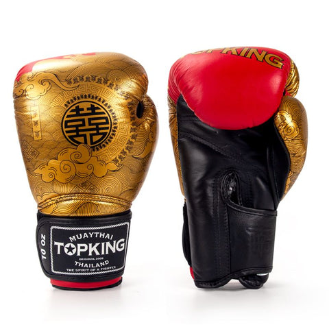 Top King TKBGCT-CN01 "FOOK" & "DOUBLE HAPPINESS" MUAY THAI BOXING GLOVES Cowhide Leather 8-14 oz Gold Black