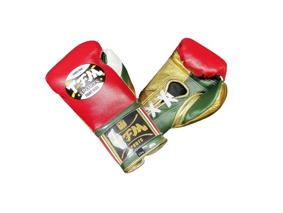 TFM RL5 HANDMADE PROFESSIONAL COMPETITIONS BOXING GLOVES LACES UP 10 oz Red Gold Green