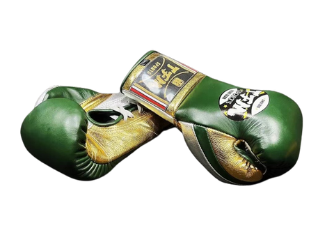 TFM RL5 HANDMADE PROFESSIONAL COMPETITIONS BOXING GLOVES LACES UP 16 oz Green Gold