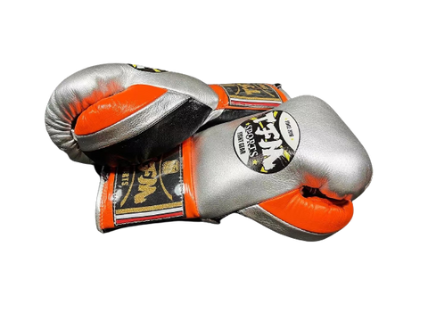TFM RL5 HANDMADE PROFESSIONAL COMPETITIONS BOXING GLOVES LACES UP 10 oz Silver Orange