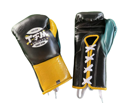 TFM RL5 HANDMADE PROFESSIONAL COMPETITIONS BOXING GLOVES LACES UP 10 oz Black Yellow Green