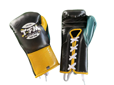TFM RL5 HANDMADE PROFESSIONAL COMPETITIONS BOXING GLOVES LACES UP 10 oz Black Yellow Green