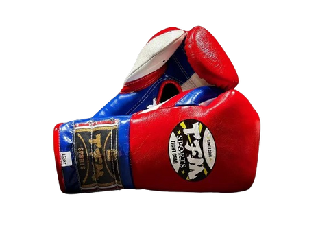 TFM RL5 HANDMADE PROFESSIONAL COMPETITIONS BOXING GLOVES LACES UP 12 oz Red Blue