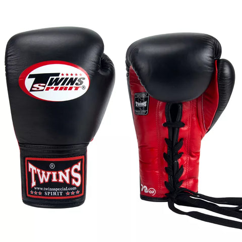 TWINS SPIRIT PROFESSIONAL COMPETITIONS MUAY THAI BOXING GLOVES LACES UP LEATHER 8-14 oz BGLL-1 Black Red
