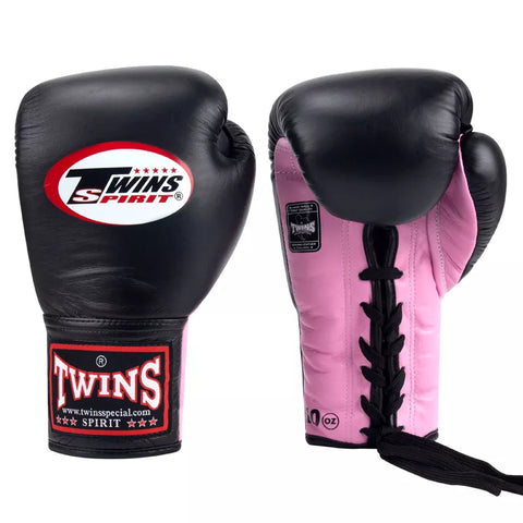 TWINS SPIRIT PROFESSIONAL COMPETITIONS MUAY THAI BOXING GLOVES LACES UP LEATHER 8-14 oz BGLL-1 Black Pink