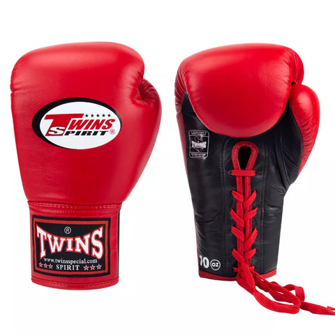 TWINS SPIRIT PROFESSIONAL COMPETITIONS MUAY THAI BOXING GLOVES LACES UP LEATHER 8-14 oz BGLL-1 Red Black