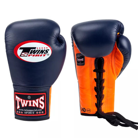 TWINS SPIRIT PROFESSIONAL COMPETITIONS MUAY THAI BOXING GLOVES LACES UP LEATHER 8-14 oz BGLL-1 Navy Blue Orange
