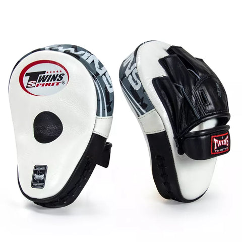 TWINS SPIRIT DELUXE CURVED PML-10 MUAY THAI BOXING MMA PUNCHING FOCUS MITTS PADS Leather White Black