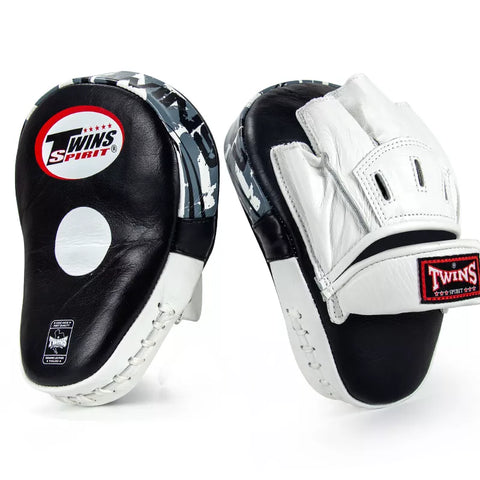 TWINS SPIRIT DELUXE CURVED PML-10 MUAY THAI BOXING MMA PUNCHING FOCUS MITTS PADS Leather Black White
