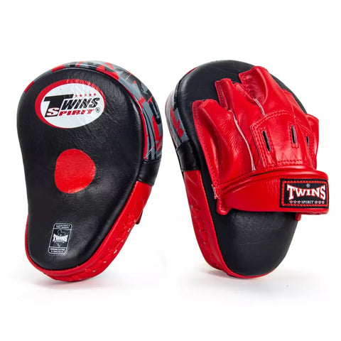 TWINS SPIRIT DELUXE CURVED PML-10 MUAY THAI BOXING MMA PUNCHING FOCUS MITTS PADS Leather Black Red