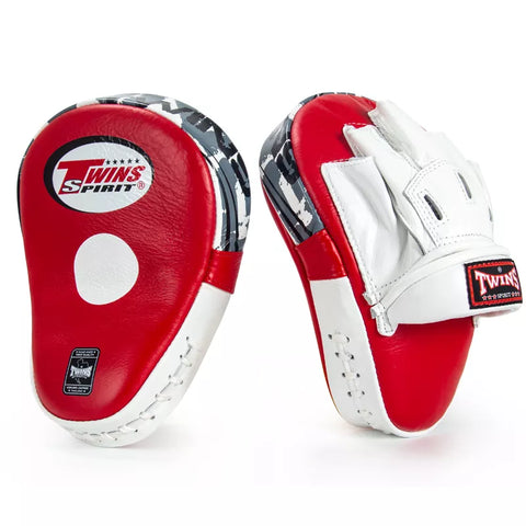 TWINS SPIRIT DELUXE CURVED PML-10 MUAY THAI BOXING MMA PUNCHING FOCUS MITTS PADS Leather Red White