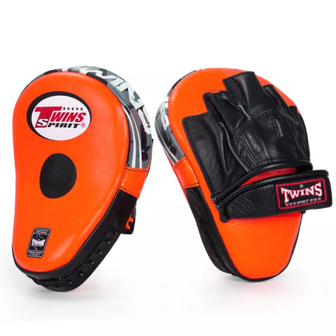 TWINS SPIRIT DELUXE CURVED PML-10 MUAY THAI BOXING MMA PUNCHING FOCUS MITTS PADS Leather Orange Black