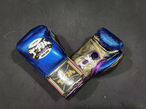 TFM RL5 HANDMADE PROFESSIONAL BOXING GLOVES 10 oz Metallic Blue Gold Purple