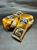 TFM RL5 HANDMADE PROFESSIONAL COMPETITIONS BOXING GLOVES LACES UP 10 oz Metallic Gold