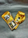 TFM RL5 HANDMADE PROFESSIONAL COMPETITIONS BOXING GLOVES LACES UP 10 oz Metallic Gold