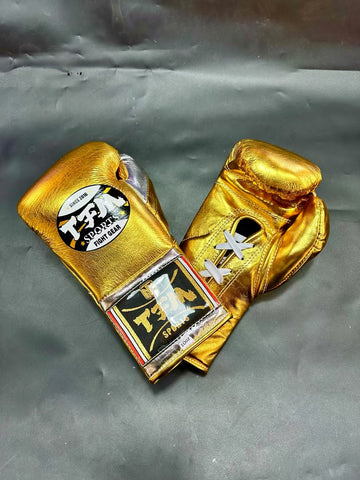 TFM RL5 HANDMADE PROFESSIONAL COMPETITIONS BOXING GLOVES LACES UP 10 oz Metallic Gold