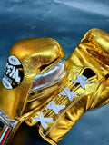 TFM RL5 HANDMADE PROFESSIONAL COMPETITIONS BOXING GLOVES LACES UP 10 oz Metallic Gold