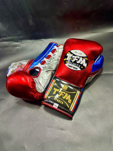 TFM RL5 HANDMADE PROFESSIONAL COMPETITIONS BOXING GLOVES LACES UP 10 oz Metallic Red Blue Silver