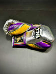 TFM RL5 HANDMADE PROFESSIONAL COMPETITIONS BOXING GLOVES LACES UP 10 oz Metallic Silver Purple Yellow