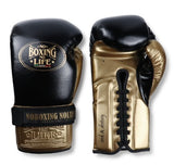 No Boxing No Life BOXHANDSCHUHE SEEK DESTROY zum Schnüren, extra dicke Mikrofaser, 8-16 oz, Schwarz/Gold 