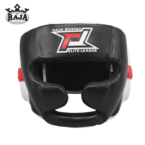 RAJA ELITE LEAGUE MUAY THAI BOXING MMA HEADGEAR HEAD GUARD PROTECTOR Cooltex PU Leather M-XL Black White