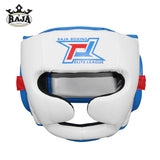 RAJA ELITE LEAGUE MUAY THAI BOXING MMA HEADGEAR HEAD GUARD PROTECTOR Cooltex PU Leather M-XL White Blue