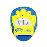 RAJA RTPP-8 CURVED MUAY THAI BOXING MMA PUNCHING SMALL AIR FOCUS MITTS PADS Light Weight Cooltex PU Leather 22 x 17.5 x 4 cm Blue Yellow