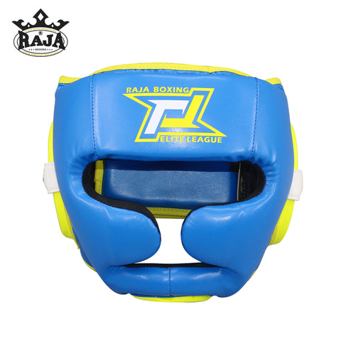 RAJA ELITE LEAGUE MUAY THAI BOXING MMA HEADGEAR HEAD GUARD PROTECTOR Cooltex PU Leather M-XL Blue Yellow