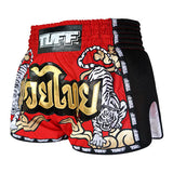 Tuff MS301 Muay Thai Boxing Shorts S-XXL Red Retro Style Double Tiger With Gold Text