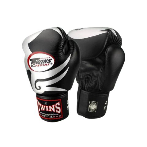 TWINS SPECIAL TRIBAL MUAY THAI BOXING GLOVES Leather 8-16 oz FBGV-12 Black Silver