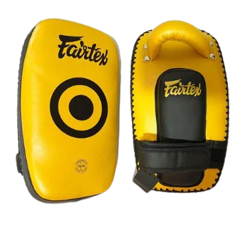FAIRTEX LIGHT WEIGHT KPLC6 CURVED MUAY THAI BOXING MMA SMALL KICK PADS Size Free Leather Gold Black