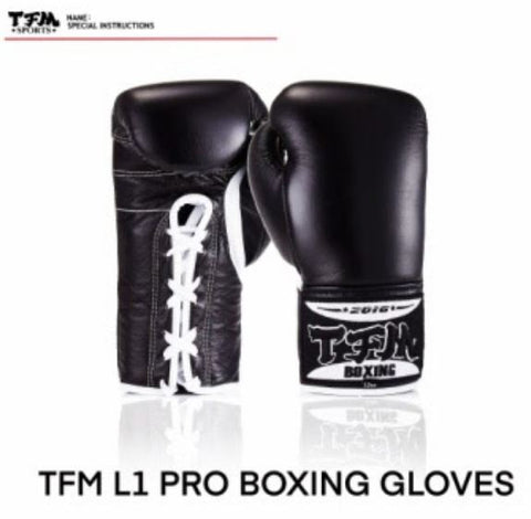 TFM L1 Pro MUAY THAI BOXING LACES UP GLOVES Professional Competitions Cowhide Leather 12 oz Black