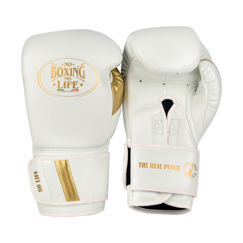 No Boxing No Life The Real Punch BOXING GLOVES Microfiber 8-16 oz White Gold