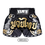 Tuff MS301 Muay Thai Boxing Shorts S-XXL Black Retro Style Double Tiger With Gold Text