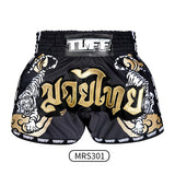 Tuff MS301 Muay Thai Boxing Shorts S-XXL Black Retro Style Double Tiger With Gold Text